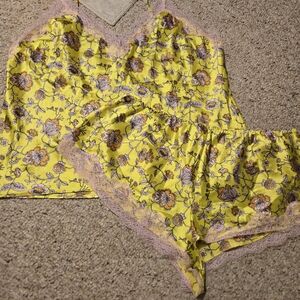 Victoria's Secret Floral Yellow Pajama Set with Pink Lace